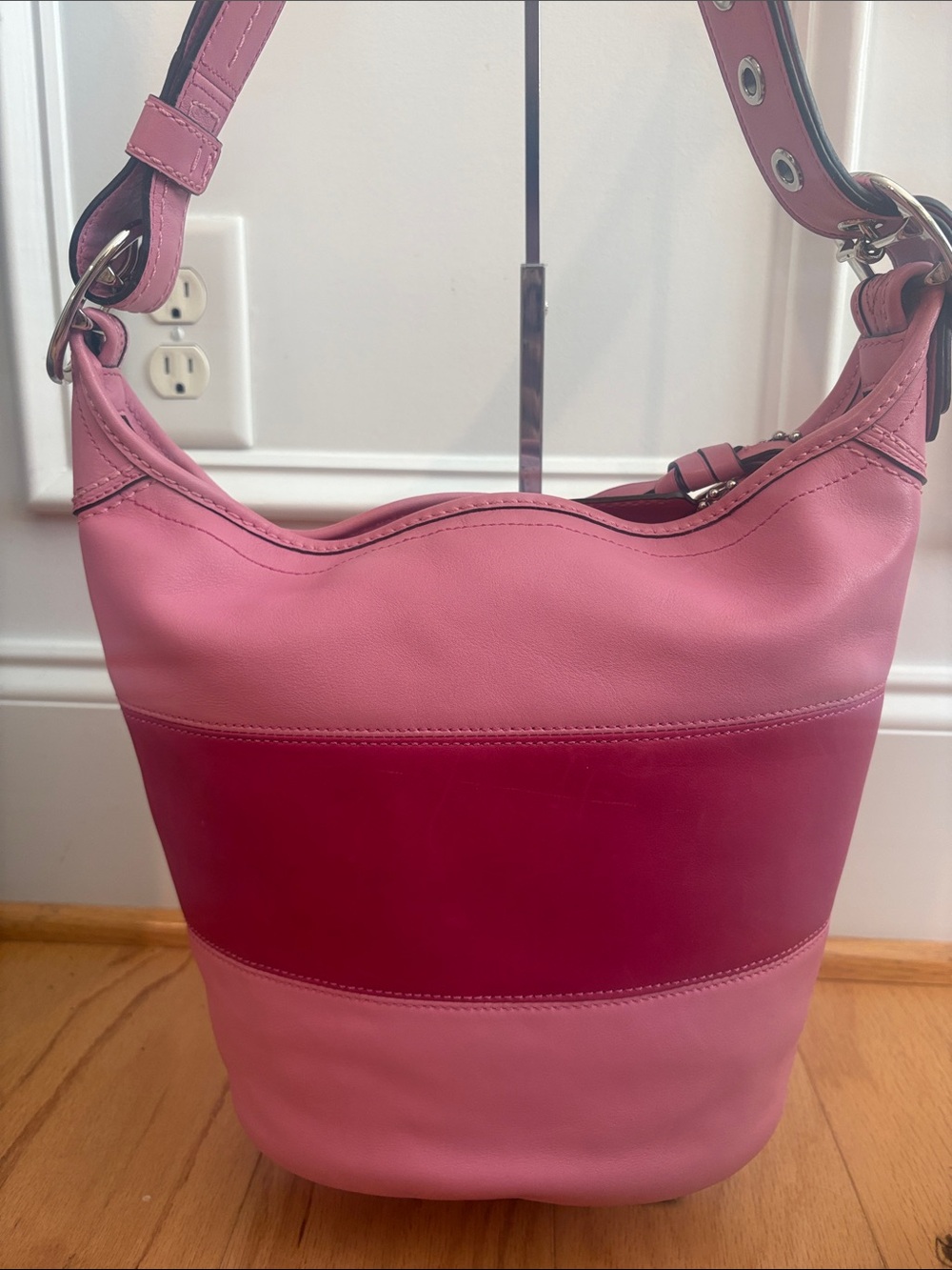 Vintage Coach Rugby Bucket Bag pink Leather Large Stripe Y2K Rare shoulder bag - Picture 5 of 17